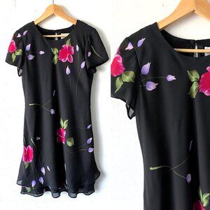 Vintage 90s Floral Minidress Grunge Romantic Flower Print Little Black Dress 12
